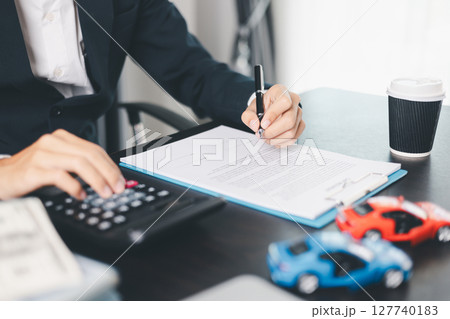 Concept business vehicle finance protection office plan investment buy sell car ensuring idea financial security. automobile agent hand protect purchase insurance and secure favorable loan deal. 127740183