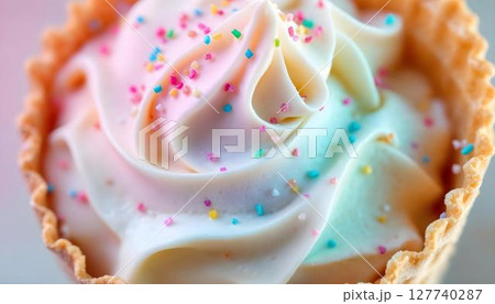 A cupcake topped with colorful frosting and sprinkles, featuring a delightful ice cream texture 127740287