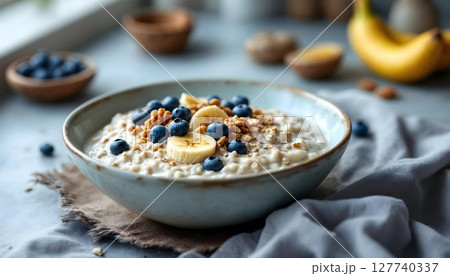 A bowl of oatmeal topped with blueberries, walnuts, and banana slices, representing a healthy breakfast option 127740337