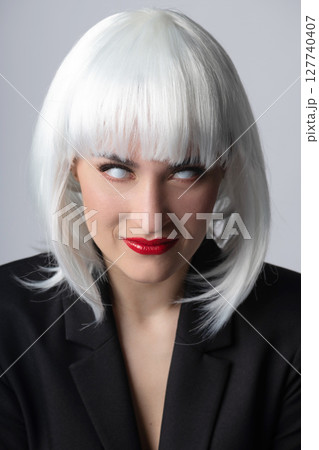 Beautiful woman with white eyes and white wig horror portrait 127740407