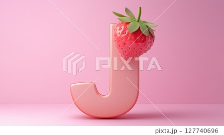 The letter J is framed by a red strawberry textured fruit for kids on solid background 127740696