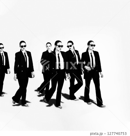 Group of same women in black suits walking on white background Group of same women in black suits walking on white background 127740753