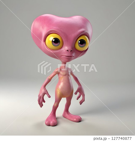 Friendly pink alien standing on white surface, featuring oversized yellow eyes, heart-shaped head, minimalist gray background 127740877