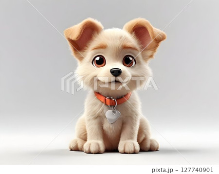 Fluffy golden retriever puppy wearing orange heart-tagged collar, sitting attentively with soulful eyes, radiating pure innocence on soft pastel background 127740901