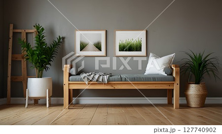 Mockup, Modern minimalist interior featuring a two large frame on a white wall, accented by a potted plant and a stylish wooden furniture 127740902