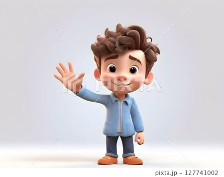 Cheerful cartoon schoolboy wearing jacket, sneakers, standing confidently against gradient gray background before first school day 127741002