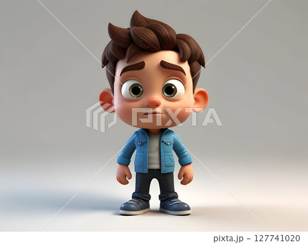 Cartoon boy standing alone, shoulders slumped, oversized eyes conveying deep sadness against neutral gray background, dressed in casual attire 127741020