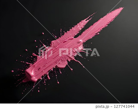 Pink strokes dynamically splashing across pristine black background, forming energetic abstract visual composition 127741044