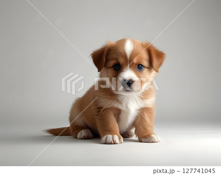 Adorable puppy with light brown and white fur resting on smooth gray backdrop, embodying playful innocence and heartwarming canine charm 127741045