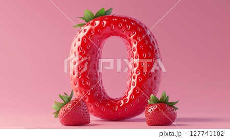 The number 0 is framed by a red strawberry textured fruit solid background 127741102