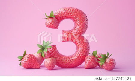 The number 3 is framed by a red strawberry textured fruit for kids on solid background 127741123