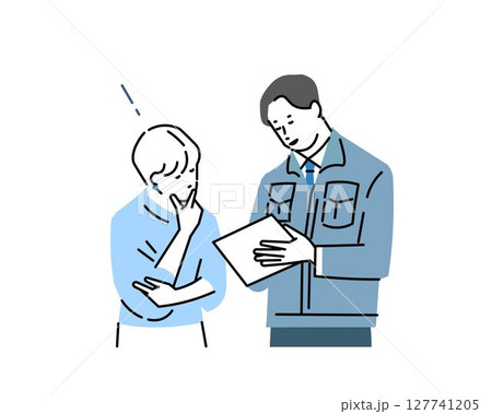 男性と女性ー作業服を着たビジネスマンが見積もりをお客に見せているイラストー営業ー契約ープランー投資 127741205