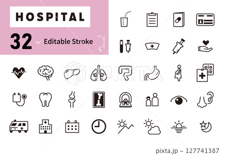 病院やクリニックの診療科、医療に関する線画のベクターアイコンセット 127741387