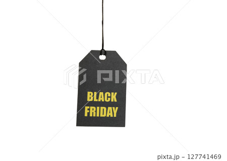 Dark tag, yellow text: Black Friday sale, isolated on white, PNG Dark tag, yellow text: Black Friday sale, isolated on white, PNG 127741469