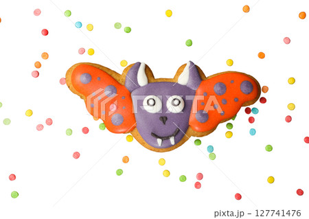 Playful cookie with colorful icing, isolated on white, PNG Playful cookie with colorful icing, isolated on white, PNG 127741476