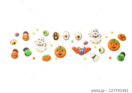 Halloween-shaped festive cookies, isolated on white, PNG 127741481