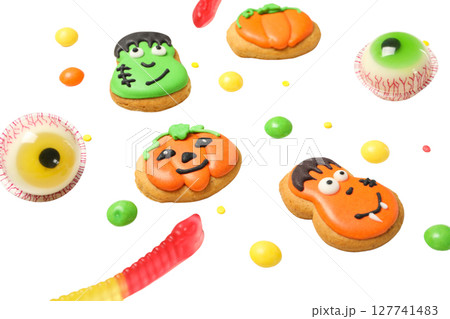 Halloween-themed festive cookies, isolated on white, PNG 127741483