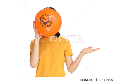Individual covers face with Halloween balloon, isolated on white, PNG 127741500