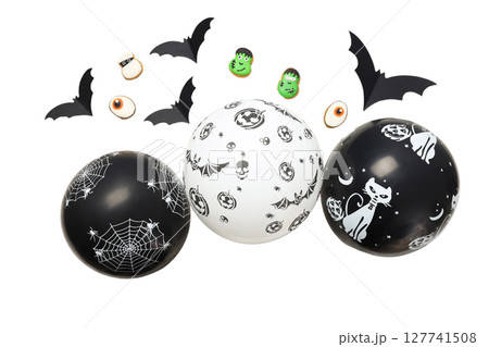 Three Halloween-themed inflatable balls, isolated on white, PNG 127741508