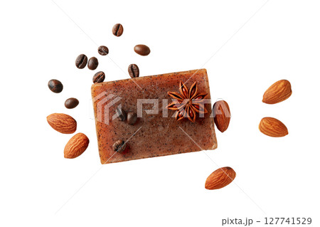 Coffee, almond, and spice handmade soap, isolated on white, PNG Coffee, almond, and spice handmade soap, isolated on white, PNG 127741529