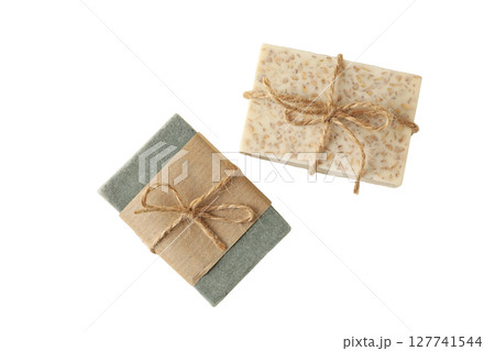 2 artisanal soap bars in natural wrap, isolated on white, PNG 2 artisanal soap bars in natural wrap, isolated on white, PNG 127741544