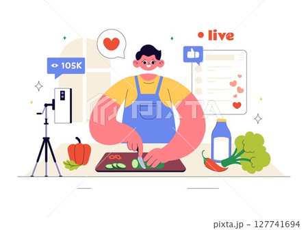 Cooking Blog Vector Illustration Featuring Young People Recording a Cooking Vlog and Preparing Food at Home in a Flat Style Cartoon Background 127741694