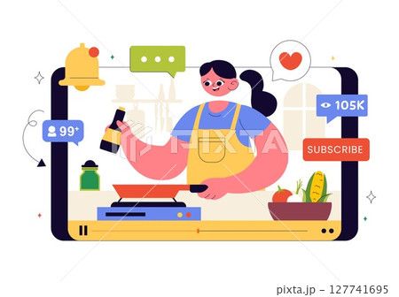 Cooking Blog Vector Illustration Featuring Young People Recording a Cooking Vlog and Preparing Food at Home in a Flat Style Cartoon Background Cooking Blog Vector Illustration Featuring Young People Recording a Cooking Vlog and Preparing Food at Home in a Flat Style Cartoon Background 127741695