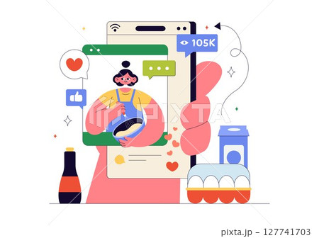 Cooking Blog Vector Illustration Featuring Young People Recording a Cooking Vlog and Preparing Food at Home in a Flat Style Cartoon Background 127741703