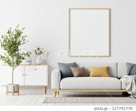 Modern home interior design with wooden floor, luxury furniture, and stylish living room decor 127741776