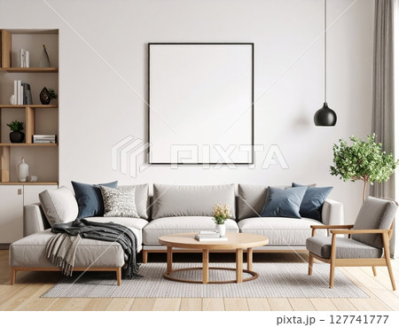 Modern home interior design with wooden floor, luxury furniture, and stylish living room decor 127741777