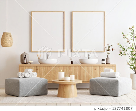 Modern minimalist bathroom interior with a luxurious bathtub, sleek glass shower, and elegant design 127741807