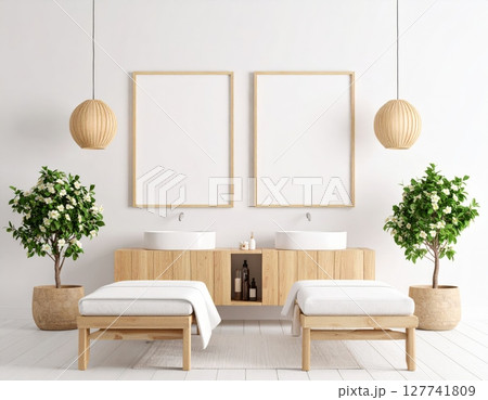 Modern minimalist bathroom interior with a luxurious bathtub, sleek glass shower, and elegant design 127741809
