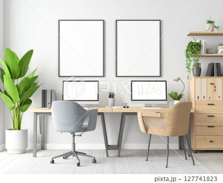 Modern contemporary home interior with comfortable sofa and office desk with chair Modern contemporary home interior with comfortable sofa and office desk with chair 127741823