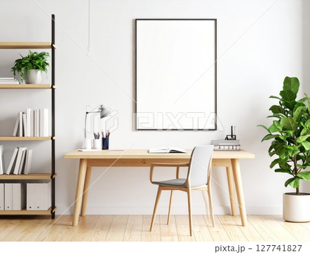 Modern contemporary home interior with comfortable sofa and office desk with chair 127741827