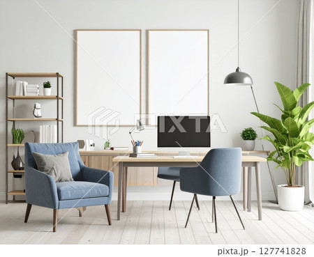 Modern contemporary home interior with comfortable sofa and office desk with chair 127741828