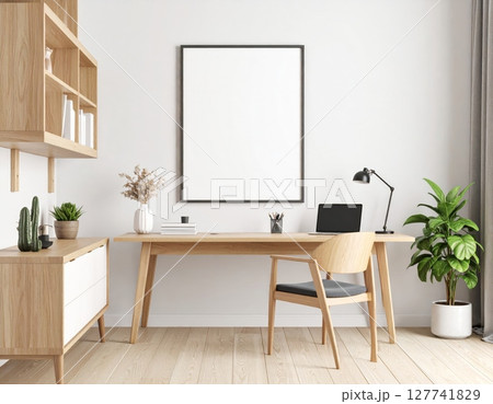 Modern contemporary home interior with comfortable sofa and office desk with chair 127741829