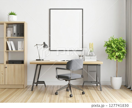 Modern contemporary home interior with comfortable sofa and office desk with chair 127741830