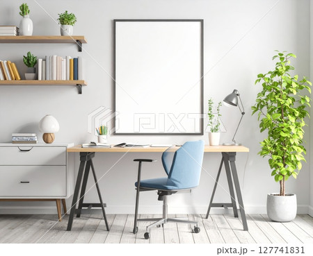 Modern contemporary home interior with comfortable sofa and office desk with chair 127741831