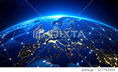 Blue planet Earth in the vast night universe with shimmering stars and continents illuminated by global light, a stunning 3D view from space 127742033