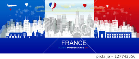 Travel landmark anniversary France day with silhouette architecture background. 127742356