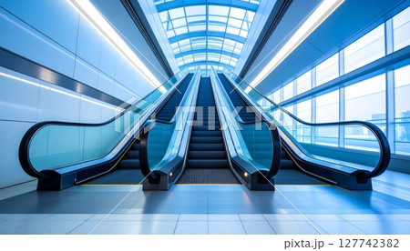 Blue escalator in a futuristic airport interior with glass and steel architecture 127742382