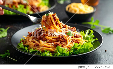 Delicious Italian pasta dishes: chicken, meat, and vegetable spaghetti Delicious Italian pasta dishes: chicken, meat, and vegetable spaghetti 127742398
