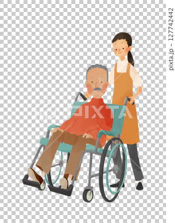 坐在輪椅上的老人和他的護理人員 127742442