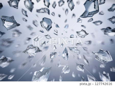 白背景に勢いよく弾け飛ぶ氷　 127742616