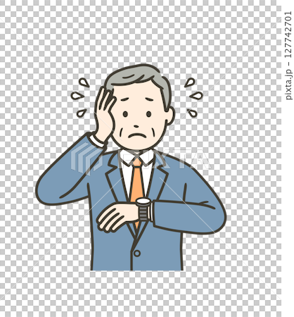 一位老人工作繁忙，看手錶而匆忙的插圖 127742701