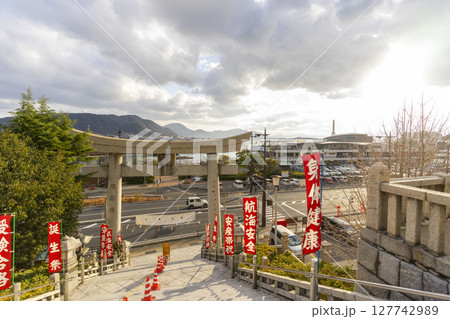 Shimonoseki, JAPAN - Dec 29,2022 : View of Kameyama Hachimangu  shrine in Shimonoseki, Japan on Dec 29,2022. 127742989