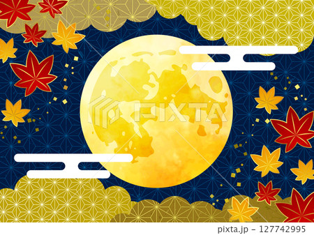 文様紅葉と満月の十五夜お月見背景、横、イラスト、かわいい 127742995