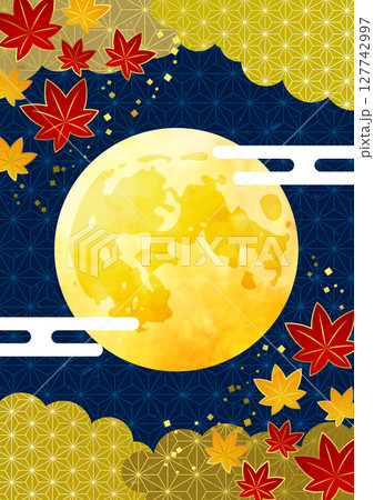 文様紅葉と満月の十五夜お月見背景、縦、イラスト、かわいい 127742997