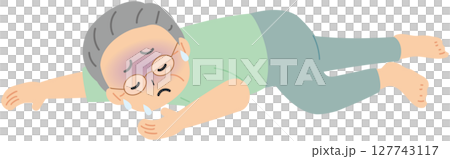 An elderly man with glasses collapses in pain 127743117