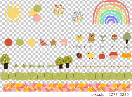 幼稚園・保育園・小児科向け キッズ素材セット|クレヨン風かわいいデザイン 幼稚園・保育園・小児科向け キッズ素材セット|クレヨン風かわいいデザイン 127743220